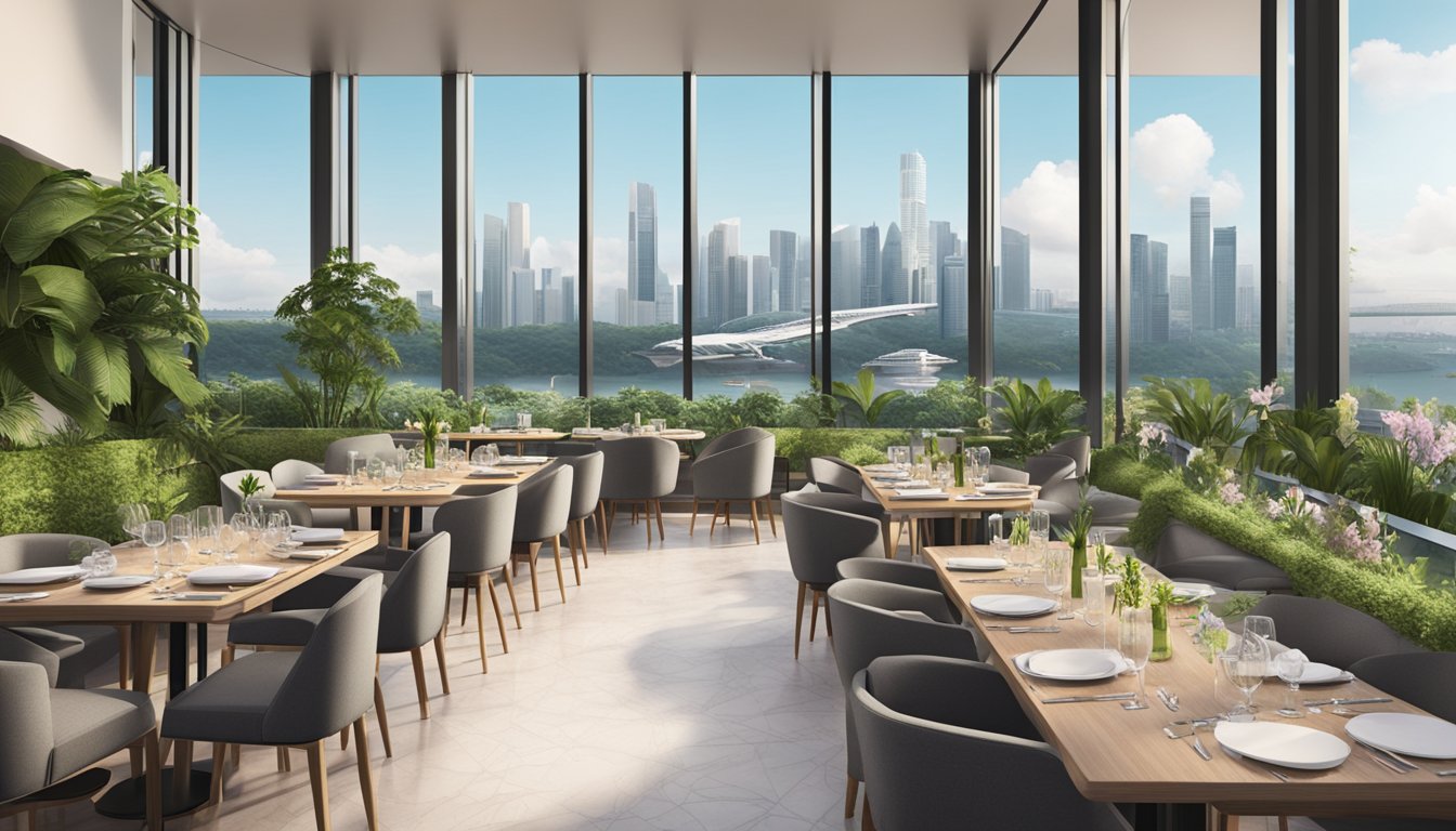 The Mirazur restaurant in Singapore overlooks the city skyline, with sleek, modern architecture and lush greenery surrounding the outdoor dining area