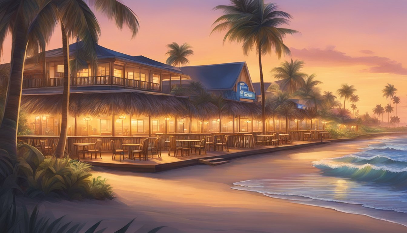 The sun sets over Kermit Surf Resort and Restaurant, casting a warm glow on the palm trees and surfboards lined up along the beach. The sound of waves crashing in the distance sets a relaxing atmosphere