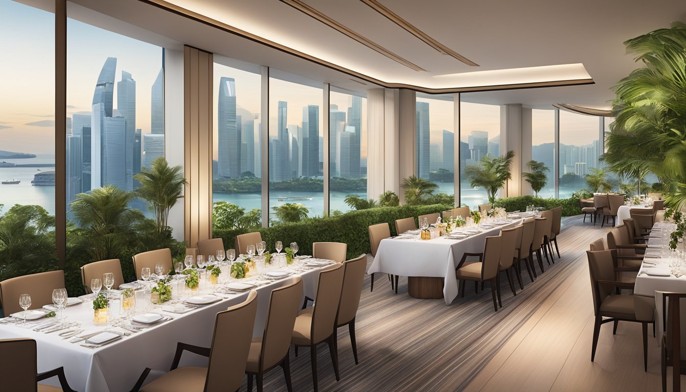 Guests enjoy a culinary adventure at Mirazur, surrounded by lush greenery and stunning views of the Singapore skyline. The elegant restaurant exudes a sense of luxury and sophistication, with a focus on exquisite food and impeccable service