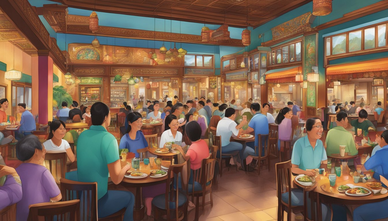 The Lucky Palace restaurant is bustling with colorful decor, steaming plates, and happy patrons enjoying their meals