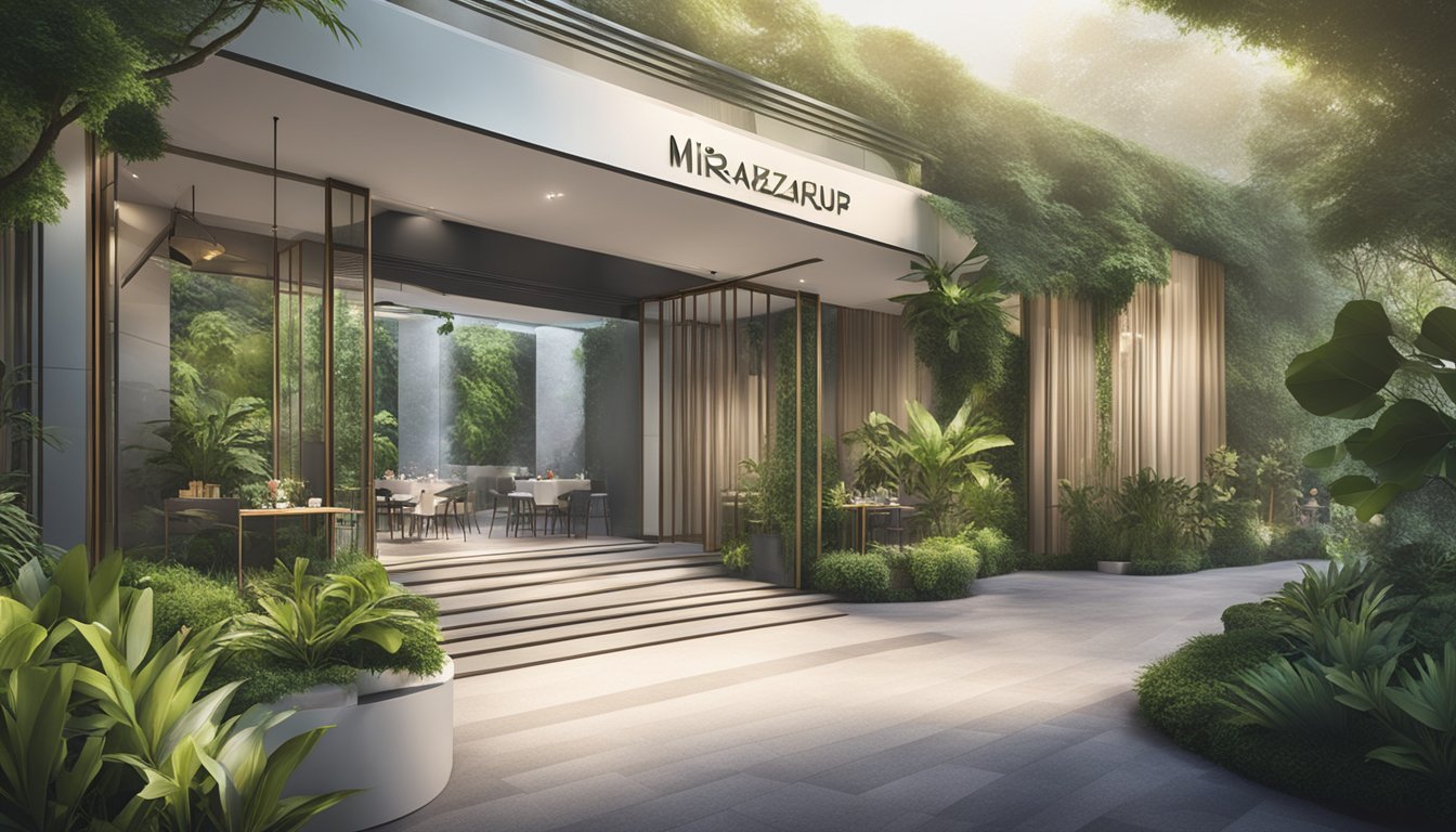 The elegant entrance to Mirazur restaurant in Singapore, with a sign displaying "Exclusive Membership and Reservations," surrounded by lush greenery and a sleek, modern exterior