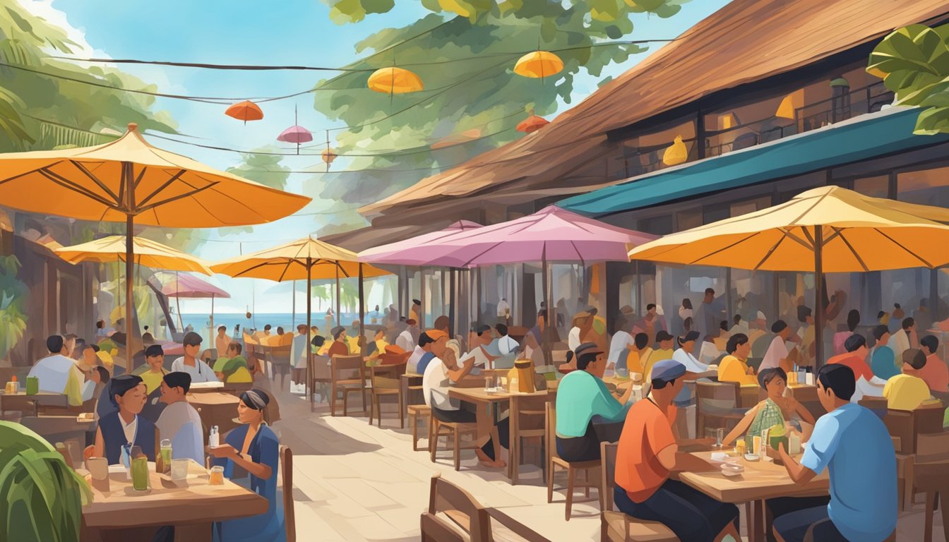 A bustling outdoor restaurant in Kuta, with colorful umbrellas, lively music, and diners enjoying delicious meals and drinks