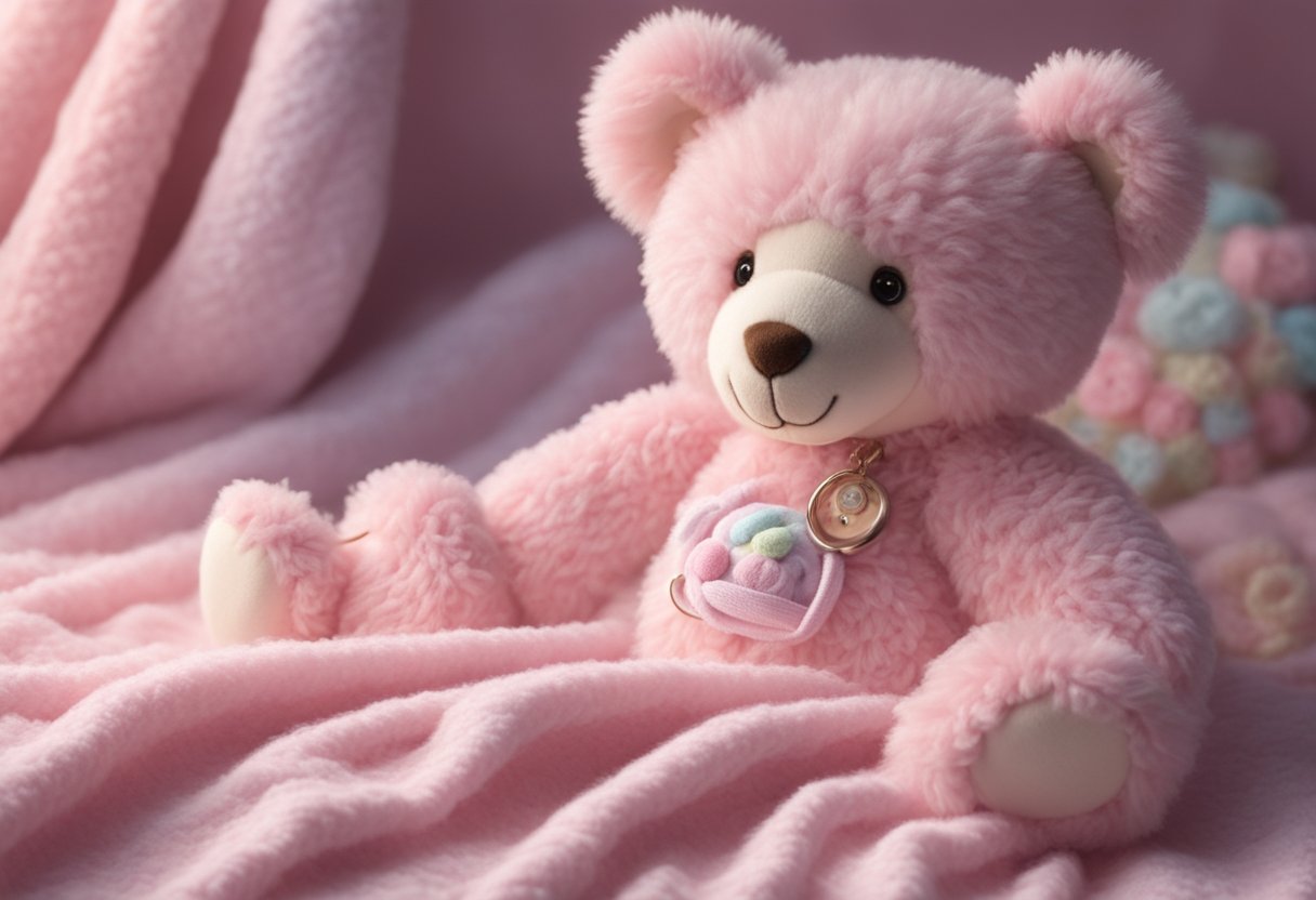 A fluffy pink blanket with "Katerina" embroidered in cursive. Teddy bear and rattle nearby. Nursery filled with soft pastel colors