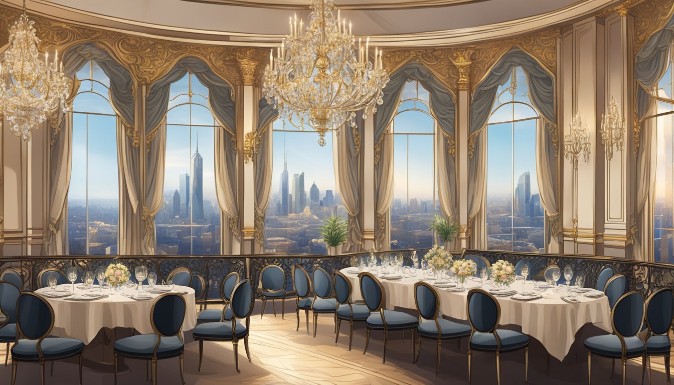 A grand dining hall with ornate chandeliers, opulent table settings, and a panoramic view of the city skyline