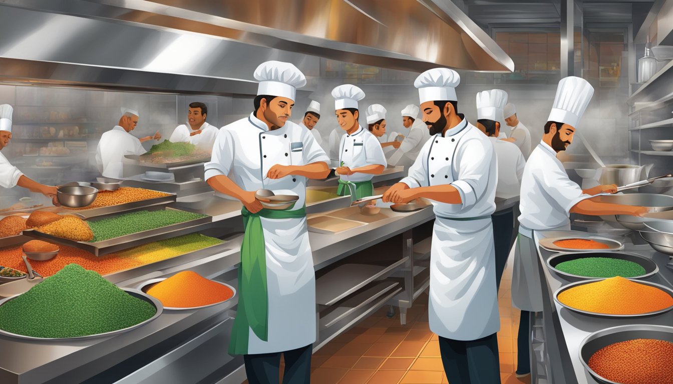 The bustling kitchen of Coriander Leaf Restaurant, with chefs expertly chopping, sizzling pans, and colorful spices lining the shelves