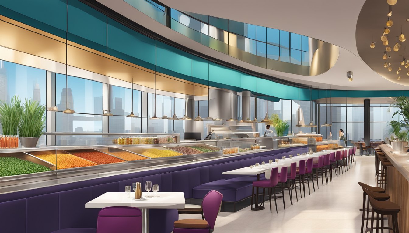 A modern, sleek restaurant interior filled with vibrant, unique ingredients and flavors, set against the backdrop of the iconic MBFC Tower 3