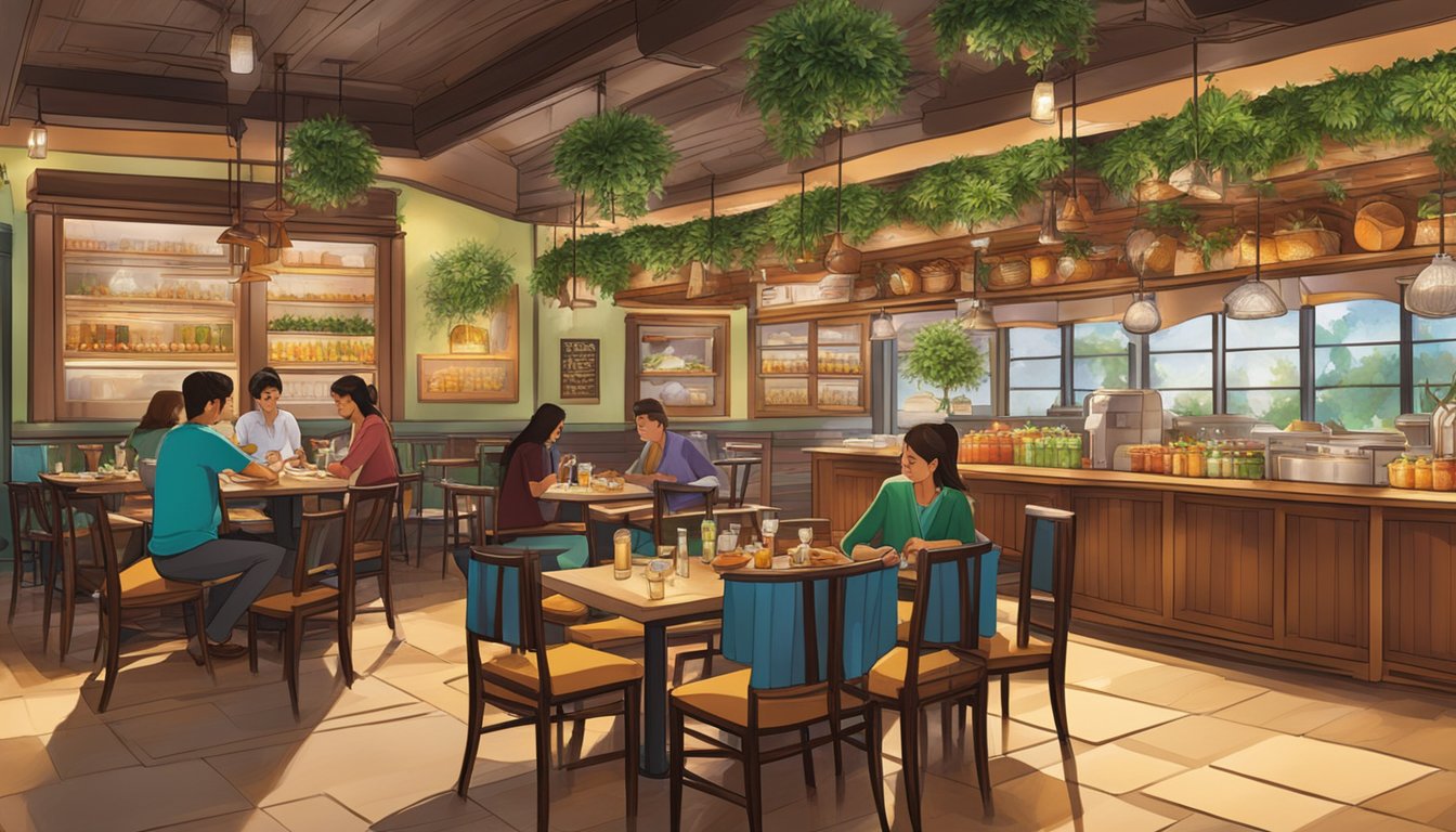 The bustling restaurant features warm lighting, cozy seating, and a vibrant display of fresh herbs and spices. The aroma of exotic flavors fills the air, creating an inviting and lively atmosphere