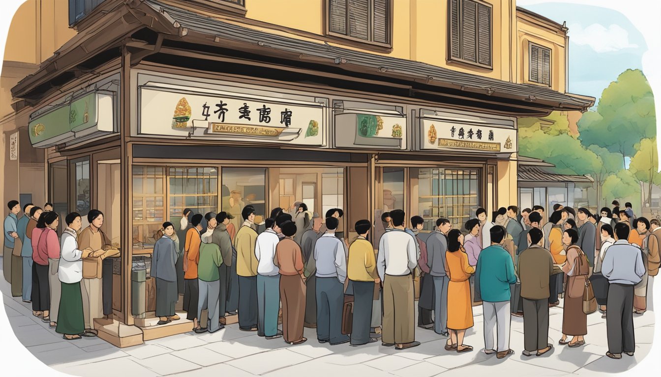 Customers line up outside Lucky Palace restaurant, eagerly waiting to be seated. The aroma of traditional Asian cuisine fills the air as the bustling staff attends to tables inside