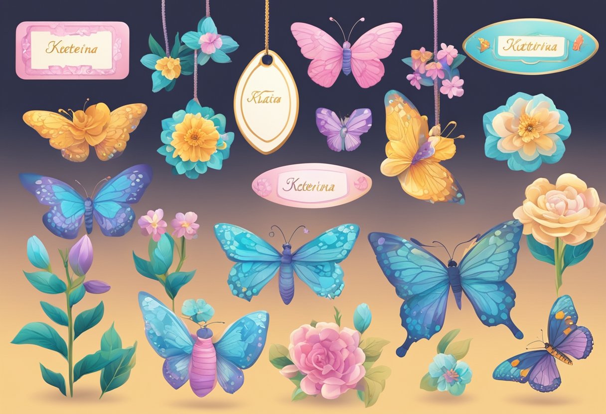 A collection of name tags with "Katerina" written in different fonts and styles, surrounded by colorful flowers and butterflies