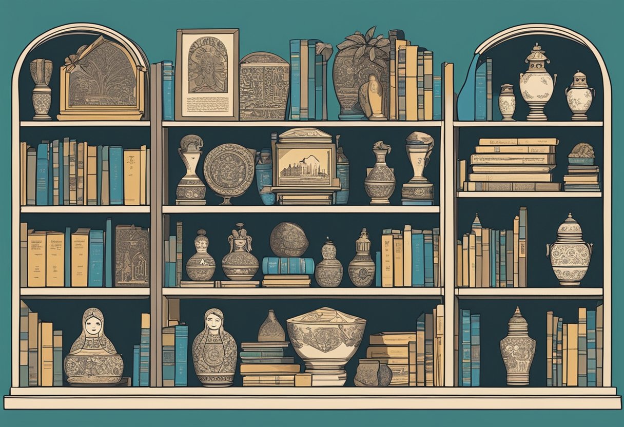 A bookshelf with classic literature and cultural artifacts, including a Russian nesting doll and a Greek vase, surrounded by name plaques of notable Katerinas