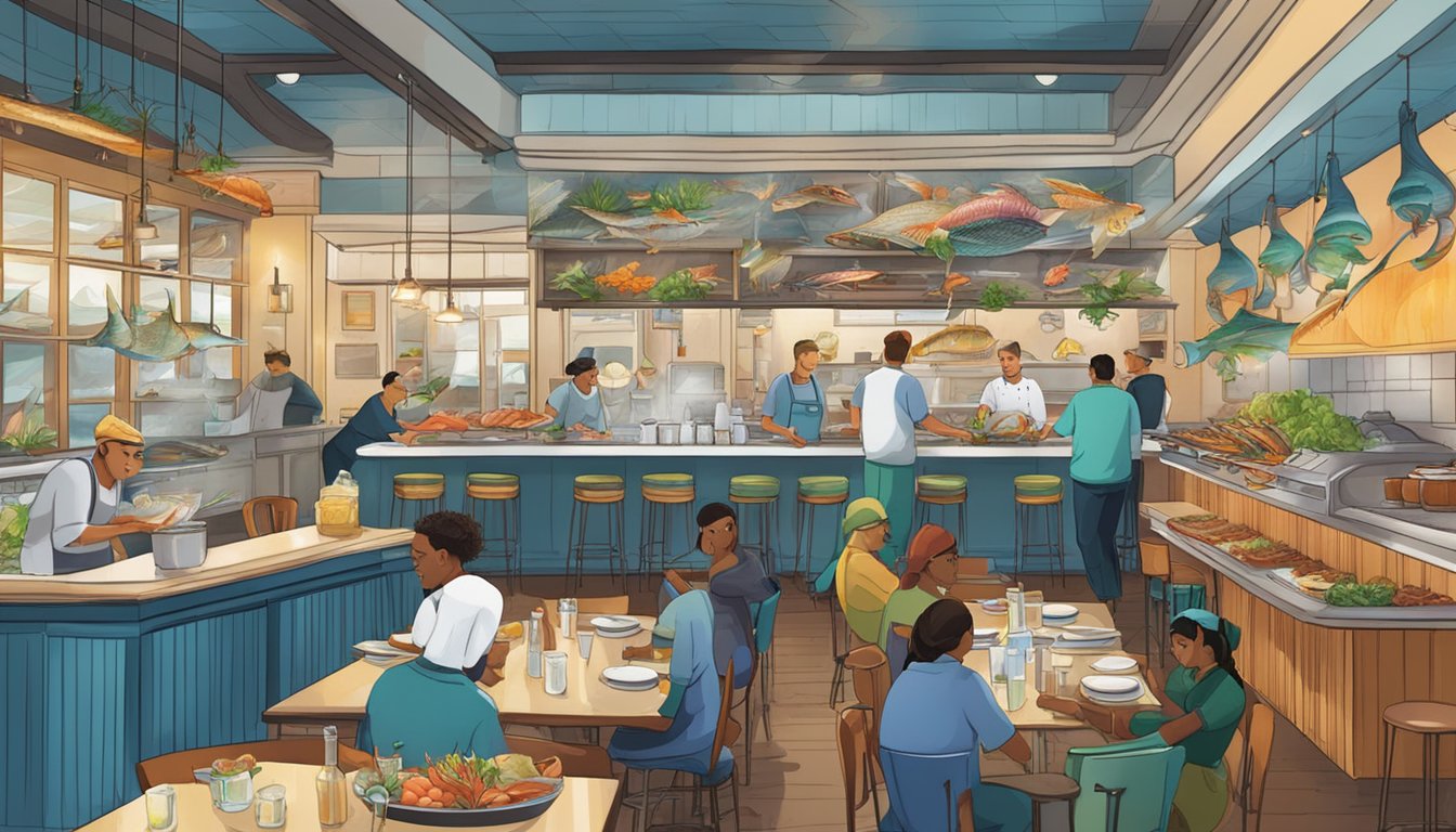 A bustling seafood restaurant with colorful decor, fresh fish on ice, and chefs cooking in an open kitchen. Customers enjoy their meals at cozy tables