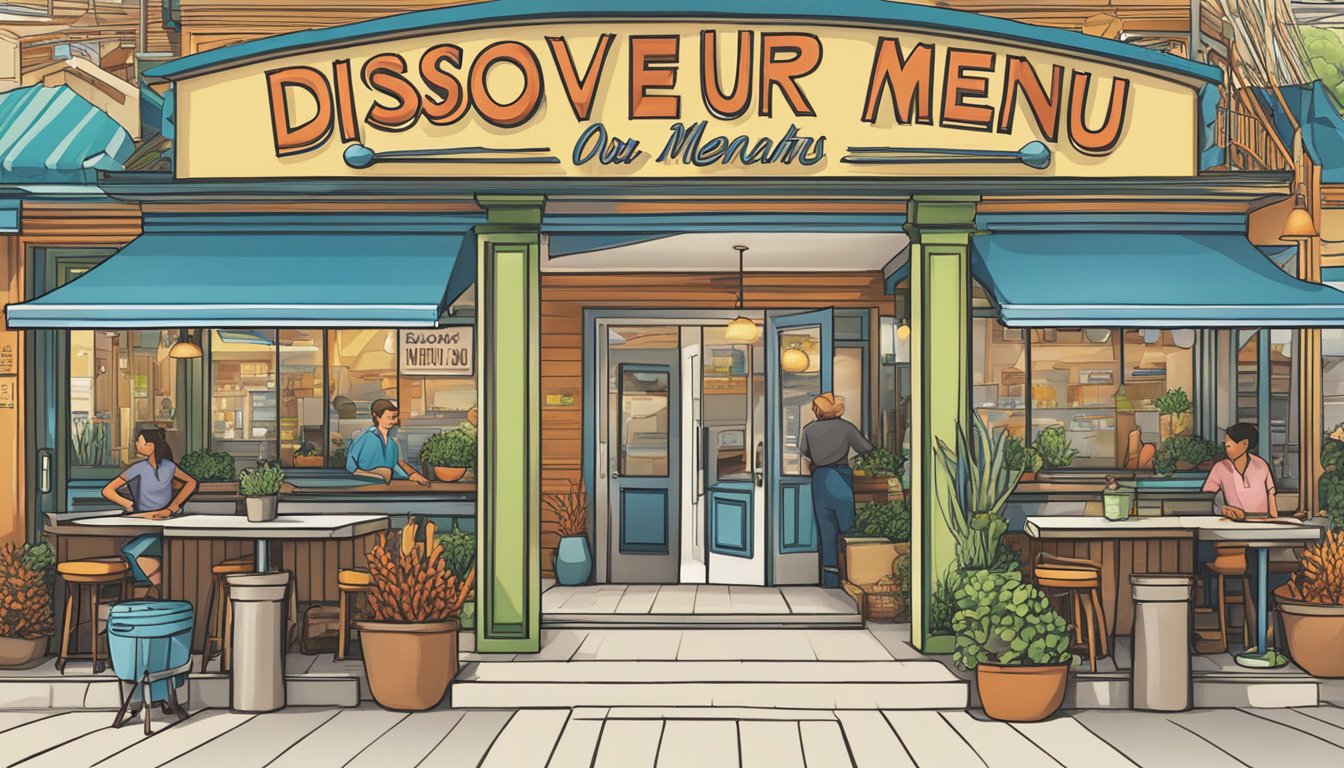 A vibrant seafood restaurant sign hangs above a bustling entrance, showcasing the words "Discover Our Menu" in bold, inviting font
