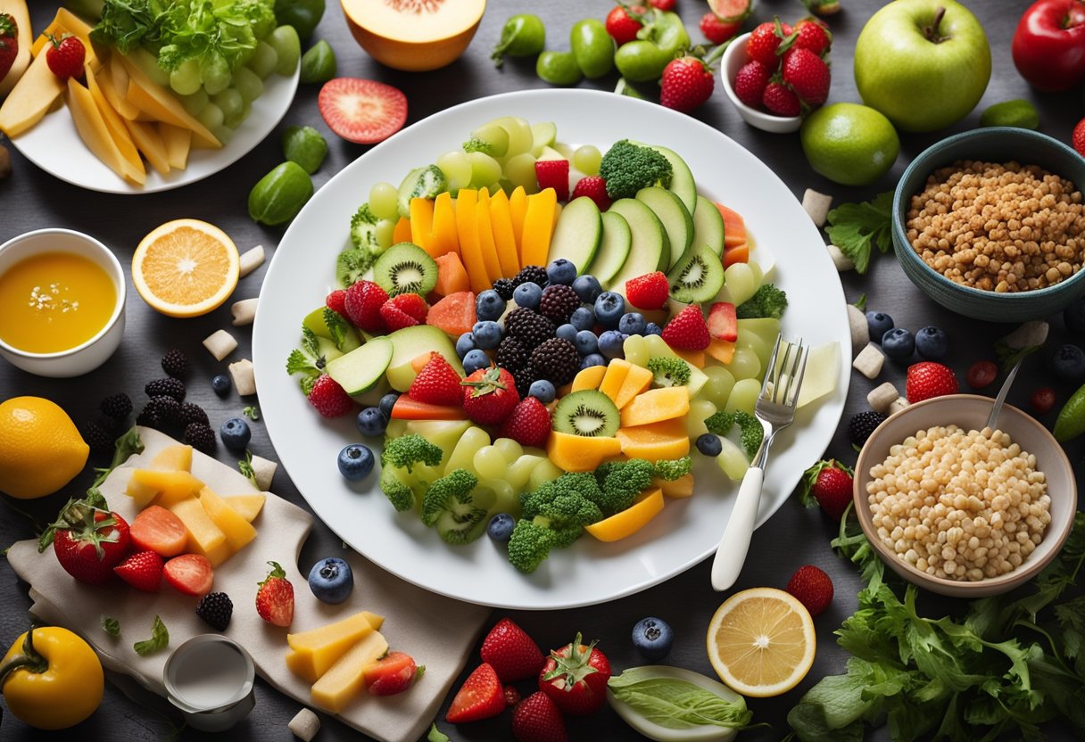 A plate of healthy, balanced meals surrounded by a variety of colorful fruits and vegetables, with a measuring tape and a scale nearby
