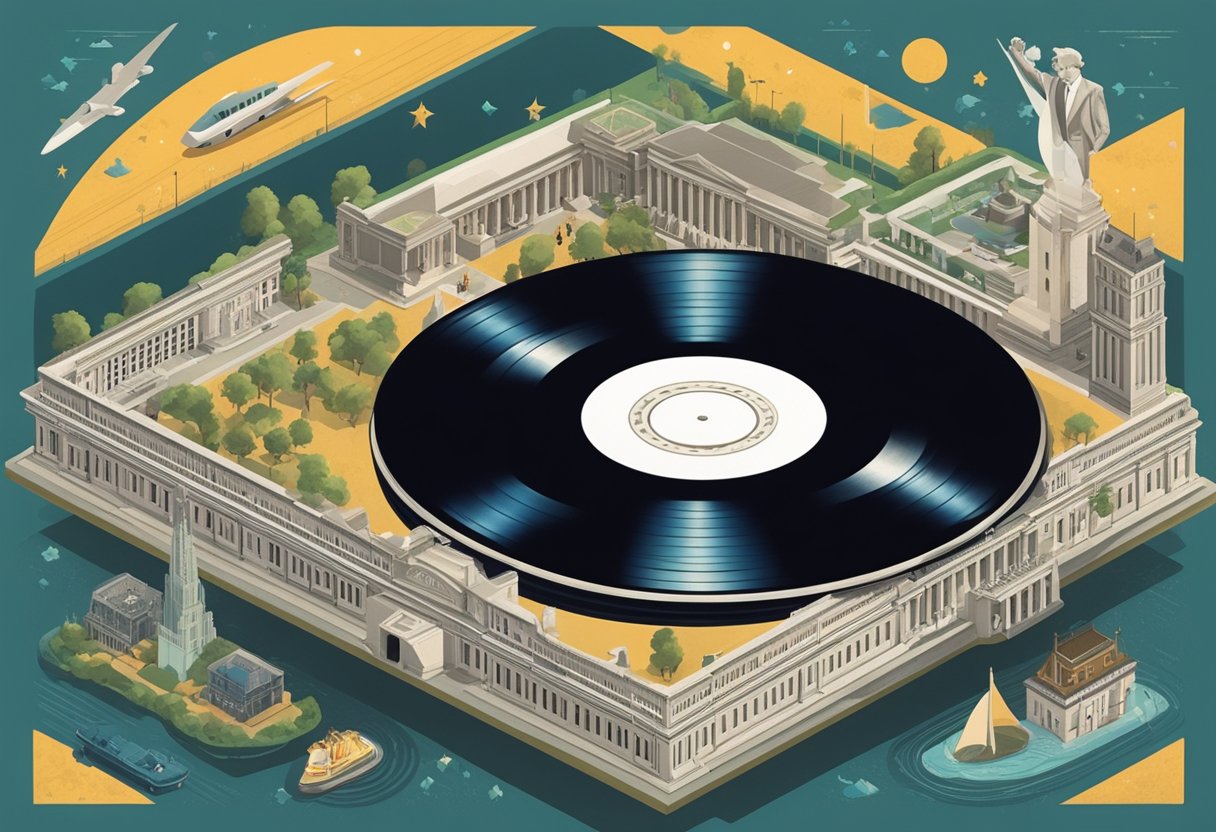 Kennedy name on a vintage record album cover, surrounded by iconic pop culture symbols and historical landmarks