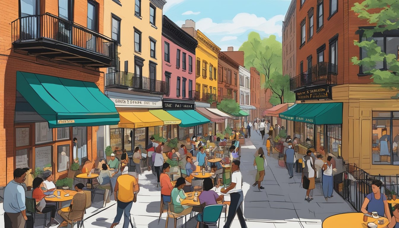 Busy East Village restaurants bustle with diners. Colorful outdoor seating lines the sidewalks, while the aroma of diverse cuisines fills the air