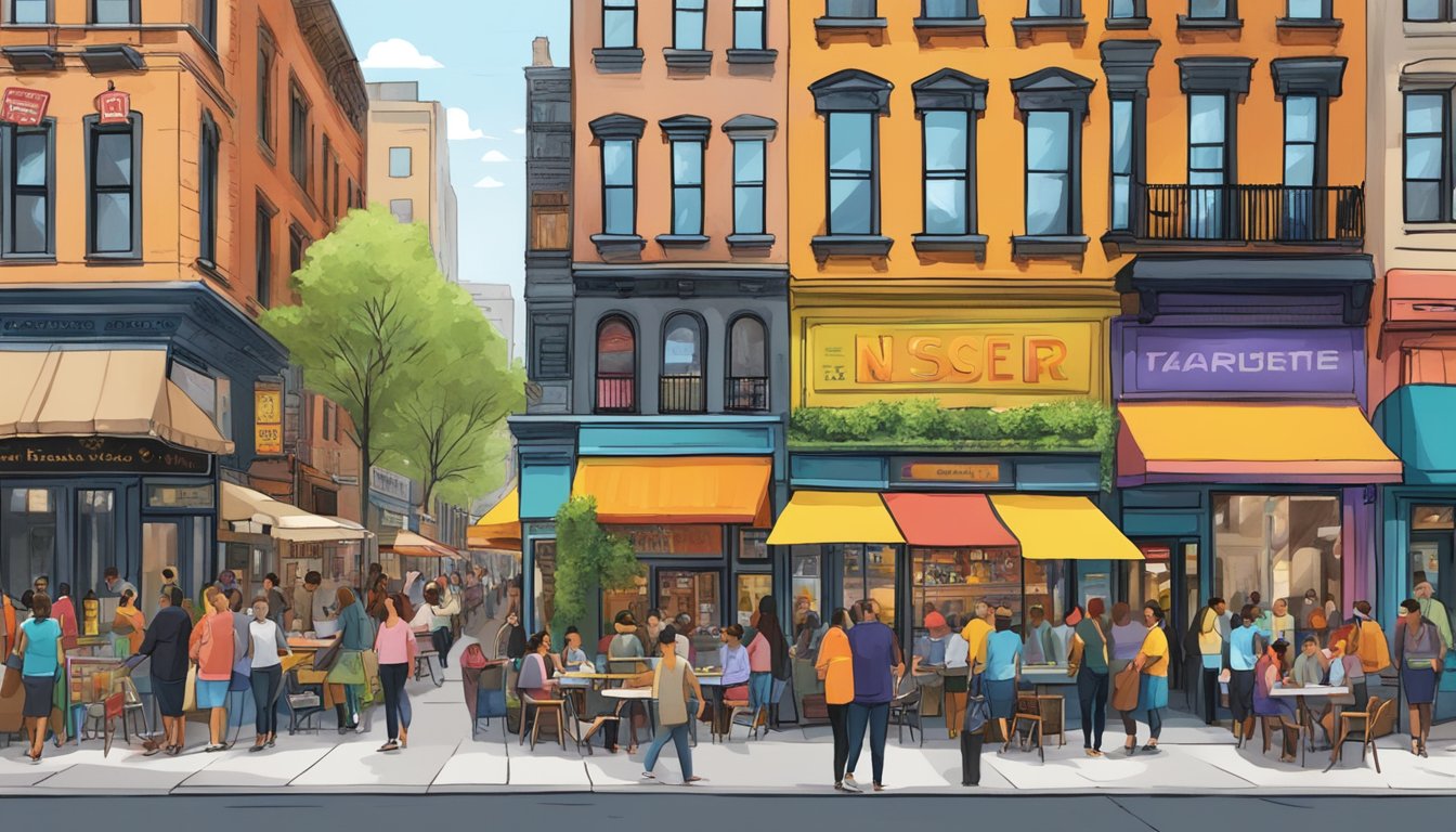 Vibrant street scene with diverse restaurants, bustling crowds, and colorful signage in East Village