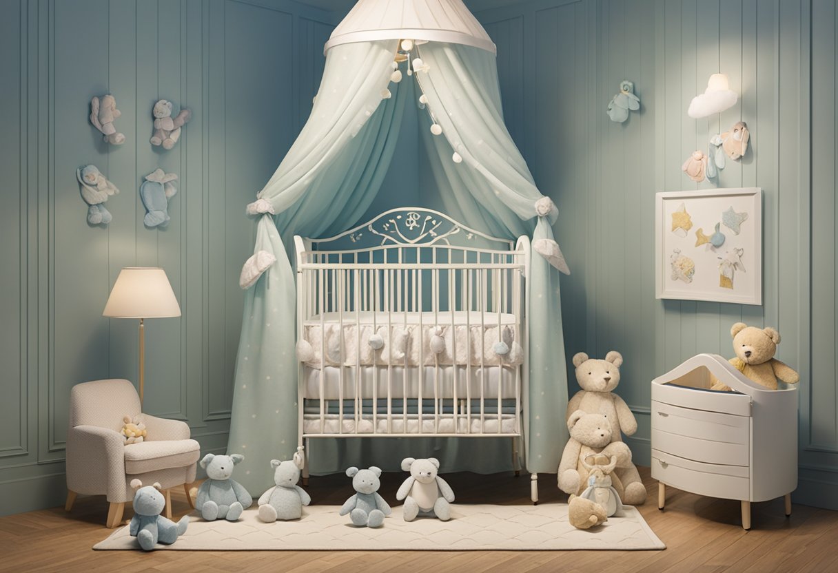 A small crib with the name "Kendall" embroidered on the bedding, surrounded by soft toys and a mobile hanging overhead