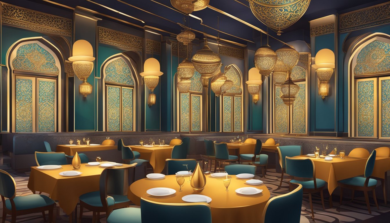 Elegant halal restaurants with ornate decor and ambient lighting. Rich, colorful dishes on polished tables