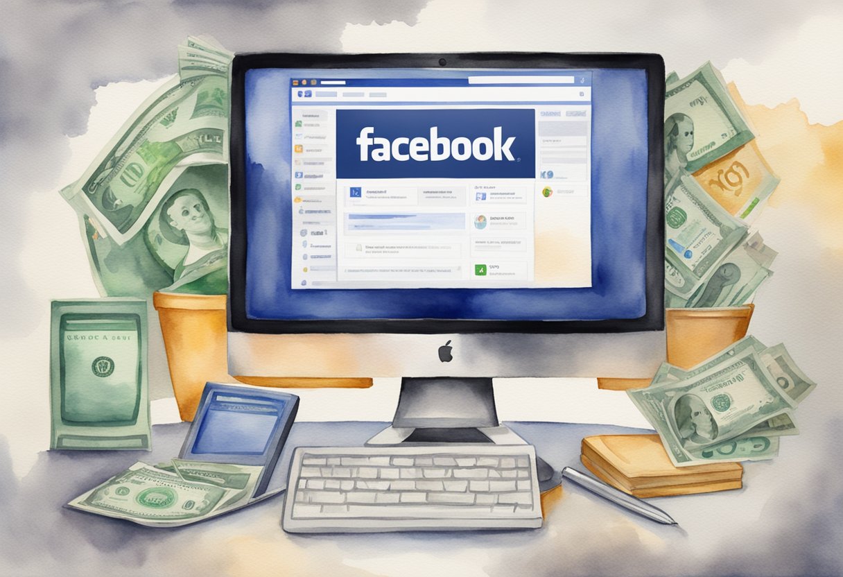 A computer screen showing a Facebook group page with various advertisements and a dollar sign symbolizing money-making opportunities