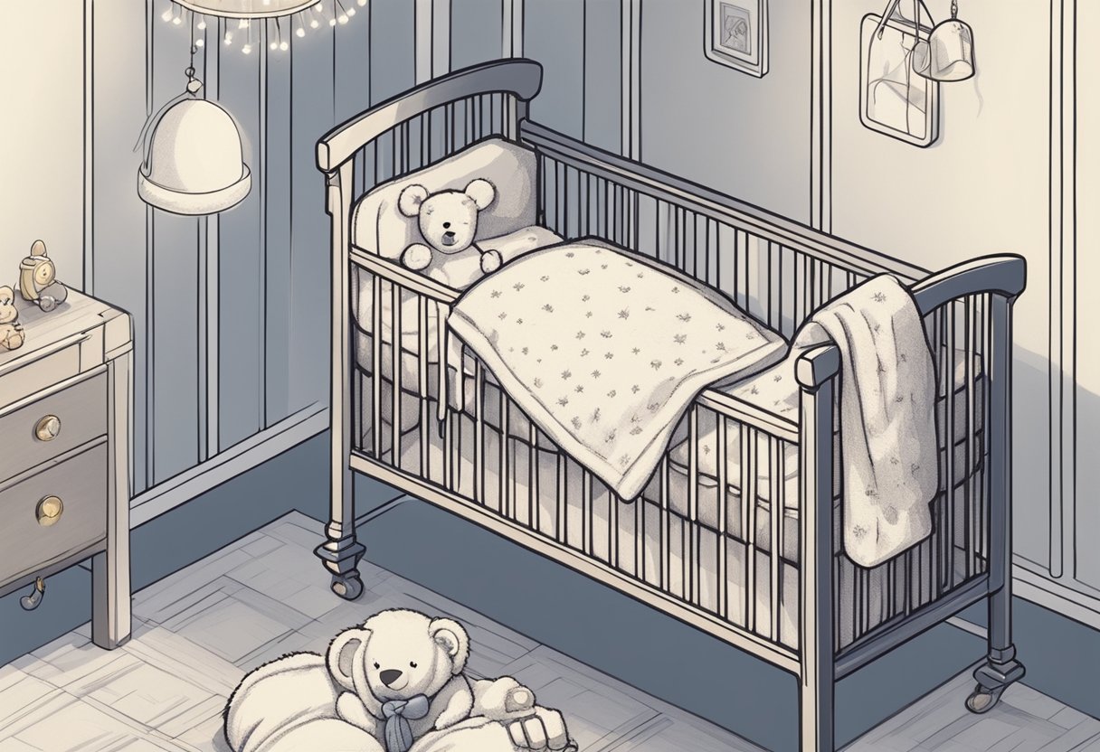 A crib with a soft blanket, a teddy bear, and a small mobile hanging above