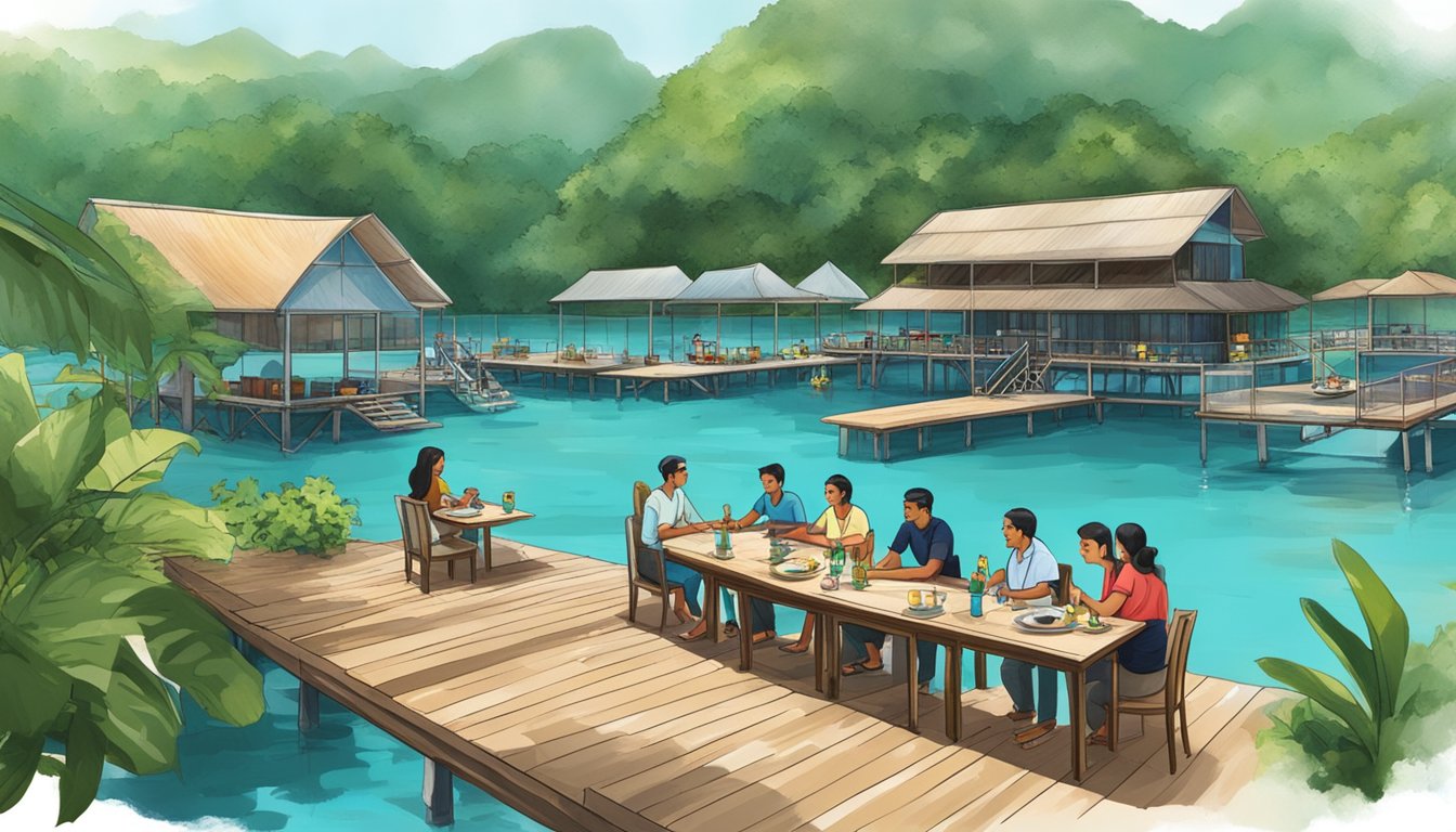 Customers dining on floating platforms surrounded by clear blue waters and lush greenery at Fish Farm Restaurant Langkawi