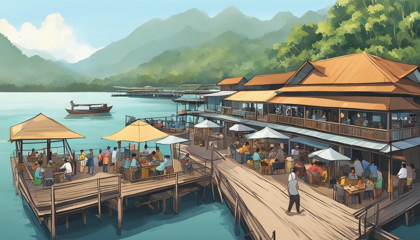 The fish farm restaurant in Langkawi bustles with diners enjoying fresh seafood. Boats dock at the pier, while staff tend to the floating dining platforms
