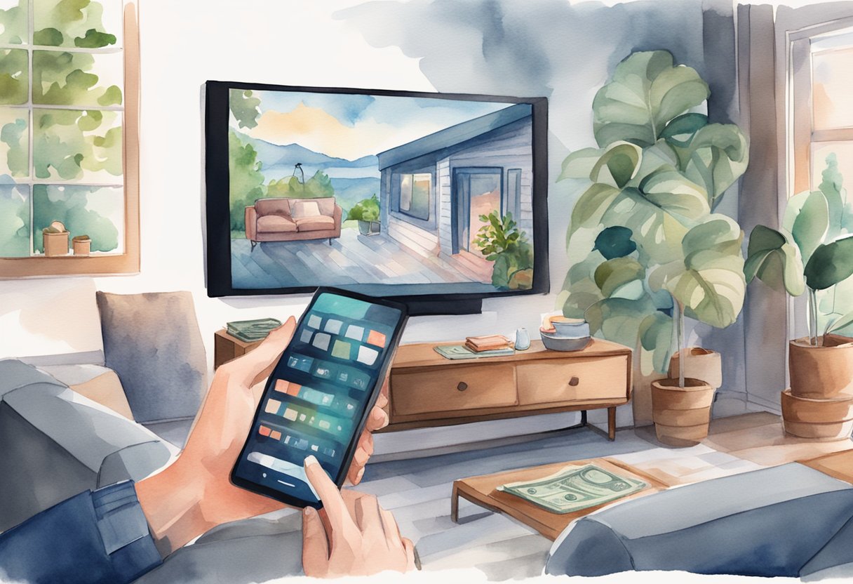 A cozy living room with a big screen TV showing Netflix. A person's hand holds a smartphone with a money-making app open
