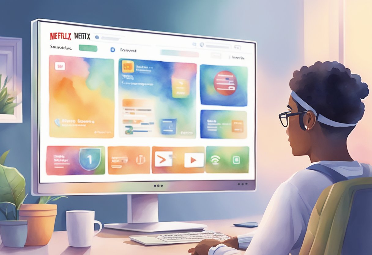 A person completing surveys on a laptop while streaming Netflix on a TV. Rewards program logos displayed on the laptop screen