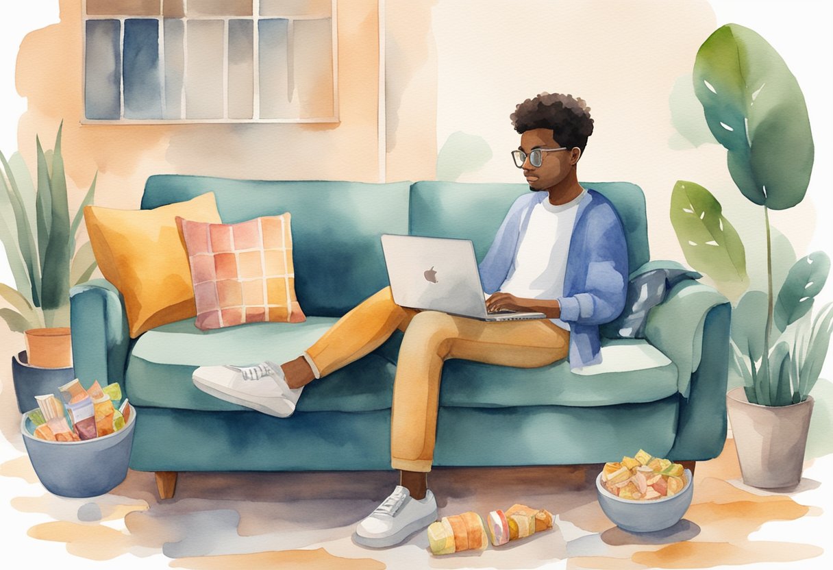 A person sitting on a comfortable couch with a laptop, surrounded by snacks and drinks, while watching Netflix on a large screen TV