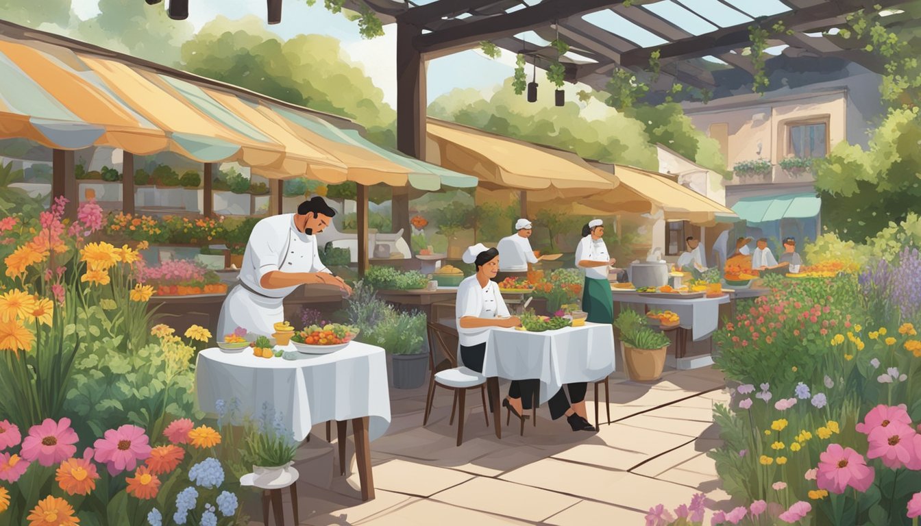 Customers sit at outdoor tables surrounded by colorful flowers and herbs. A chef prepares dishes using fresh ingredients from the garden. A sign reads "Planning Your Visit fragrance restaurant."