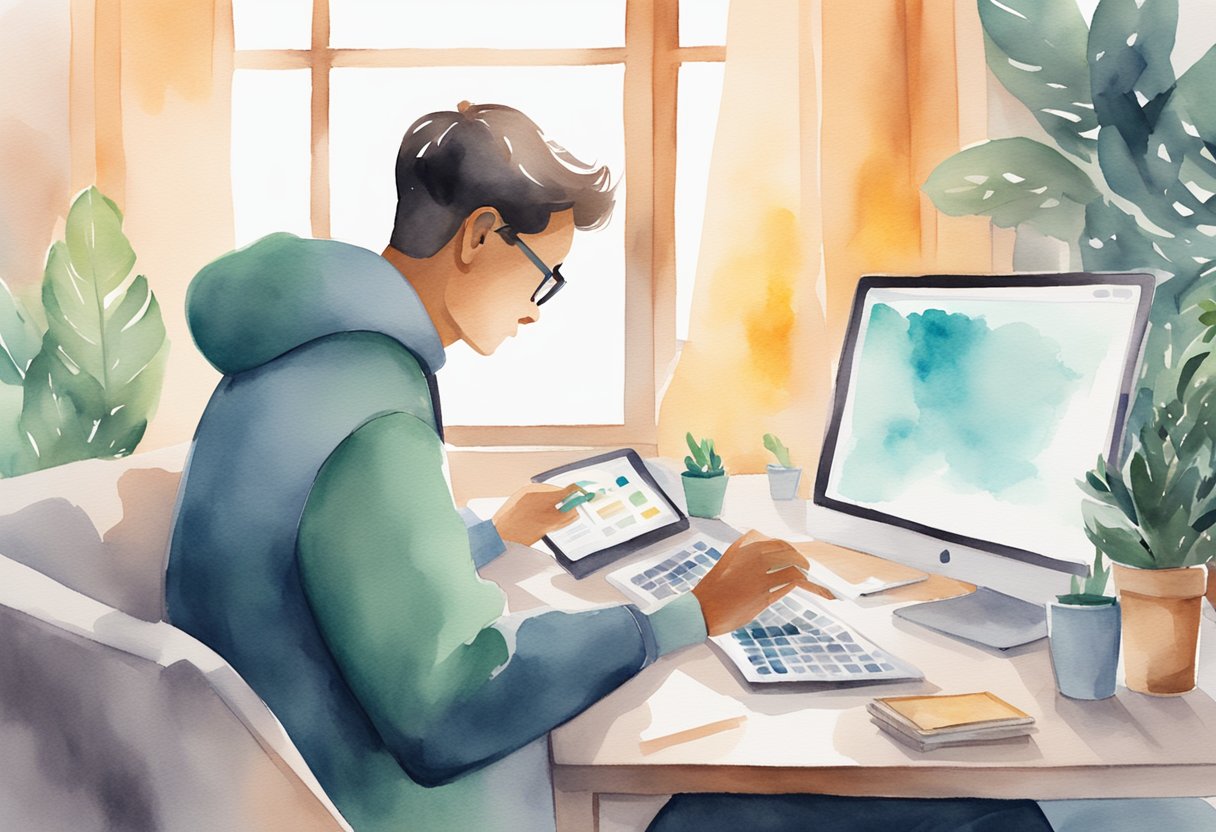 A person sitting in front of a computer, watching Netflix while filling out online surveys and using money-making apps on their device