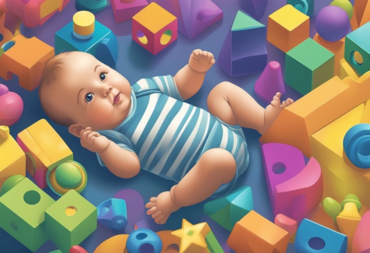 A baby named Keegan playing with colorful toys