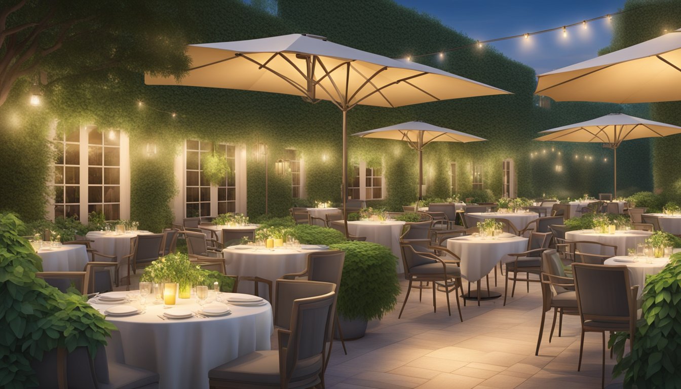 Lush greenery surrounds outdoor dining area with elegant tables and chairs. Soft lighting creates a warm and inviting atmosphere