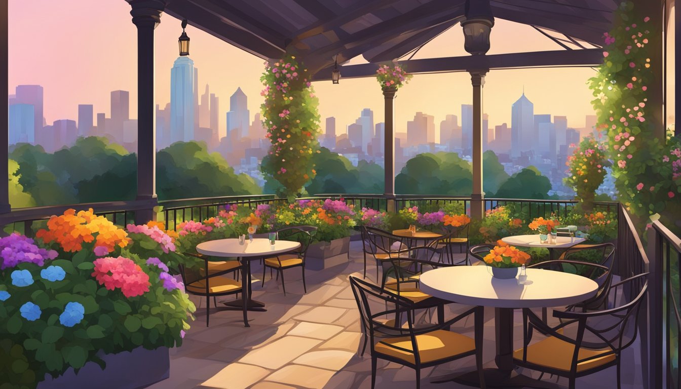 Lush garden with colorful flowers, shaded seating, and cozy dining areas. A serene atmosphere with ambient lighting and a view of the city skyline