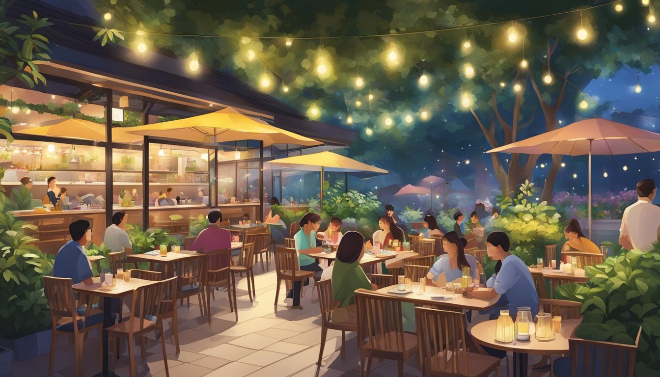 A bustling garden restaurant in Singapore, with colorful outdoor seating and a lively atmosphere. The space is adorned with lush greenery and twinkling lights, creating a cozy and inviting ambiance