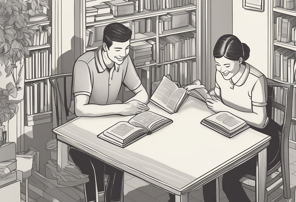 A couple sits at a table, surrounded by baby name books. They point to the name "Keegan" with smiles on their faces