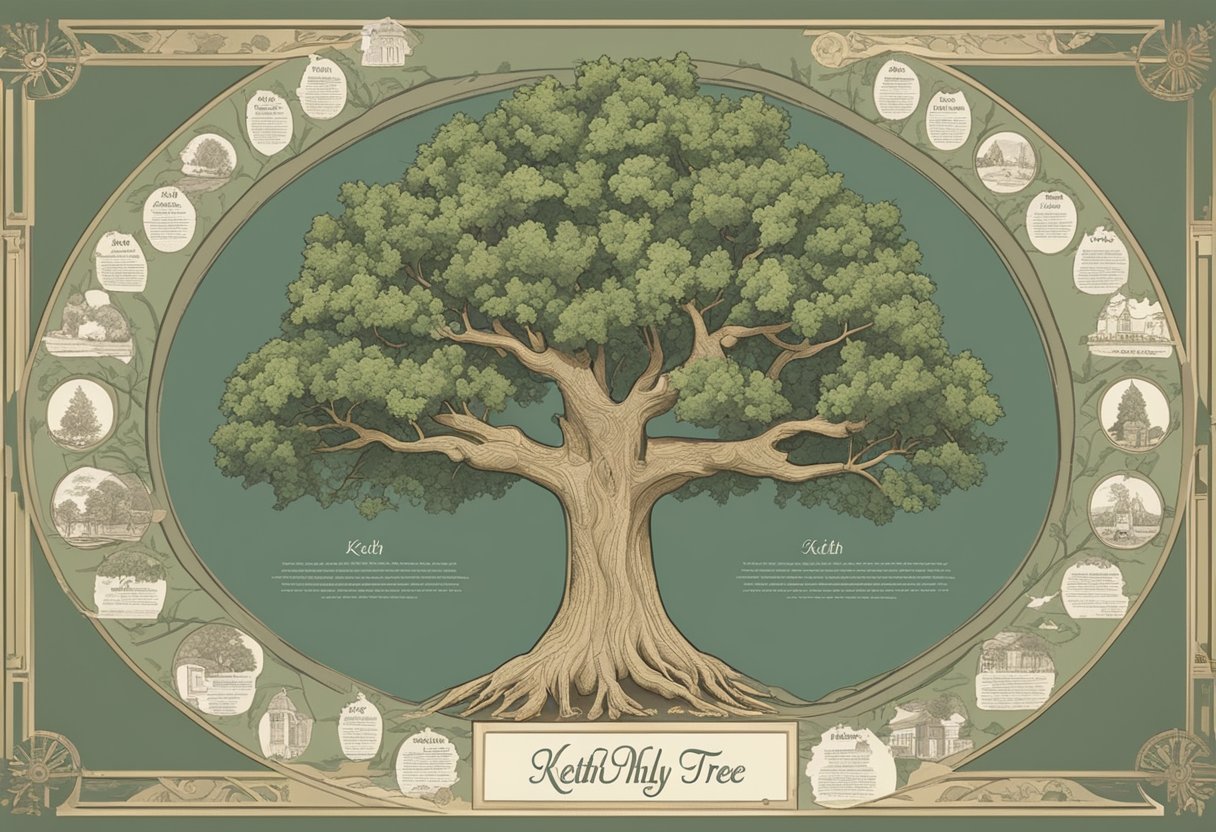 A family tree with the name "Keith" prominently displayed, surrounded by symbols of cultural and historical significance