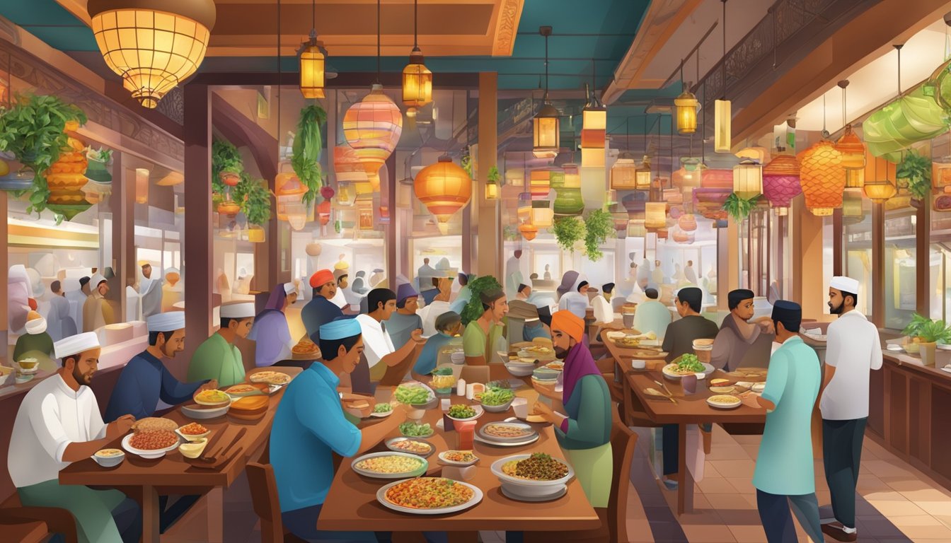 A bustling Muslim restaurant in Singapore with colorful decor, aromatic spices, and a variety of delicious dishes on display