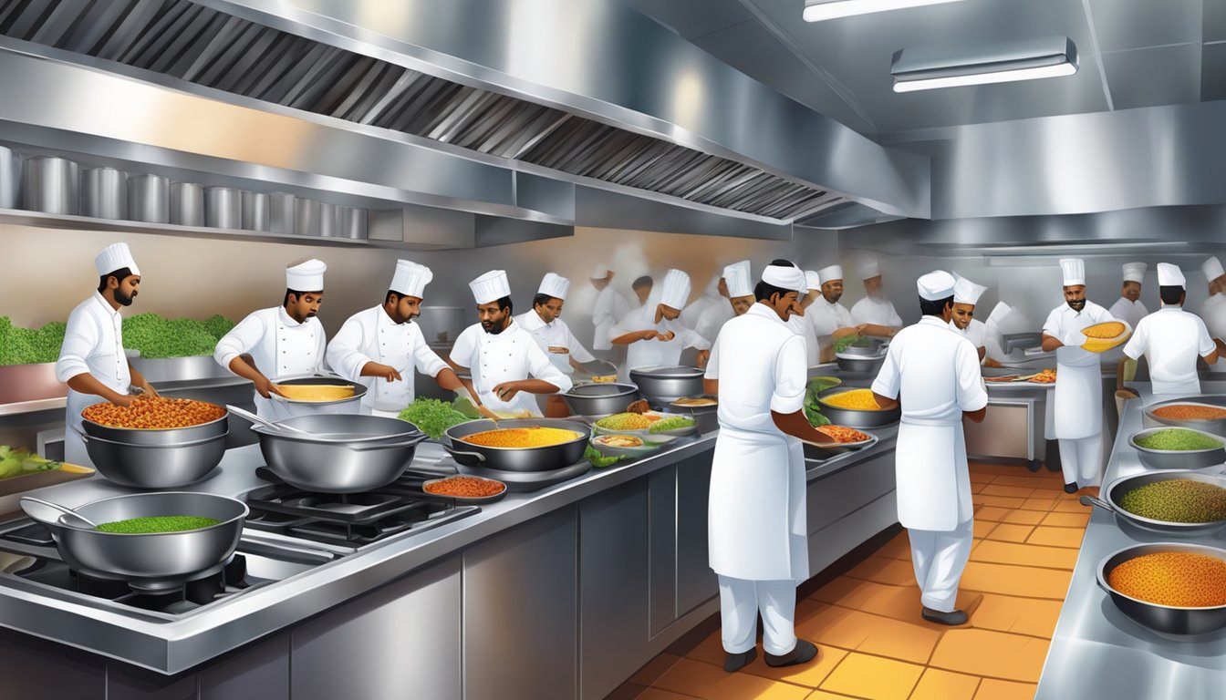 The bustling kitchen of Culinary Delights Palaniyappa restaurant, with chefs preparing aromatic South Indian dishes amidst sizzling pans and colorful spices
