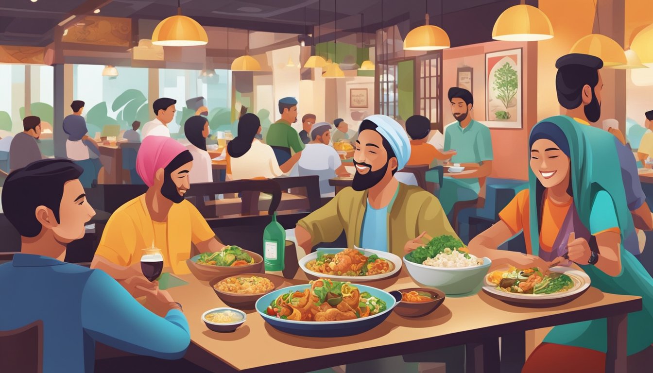 Customers savoring diverse Halal dishes in a bustling Singaporean Muslim restaurant, with colorful decor and aromatic flavors filling the air