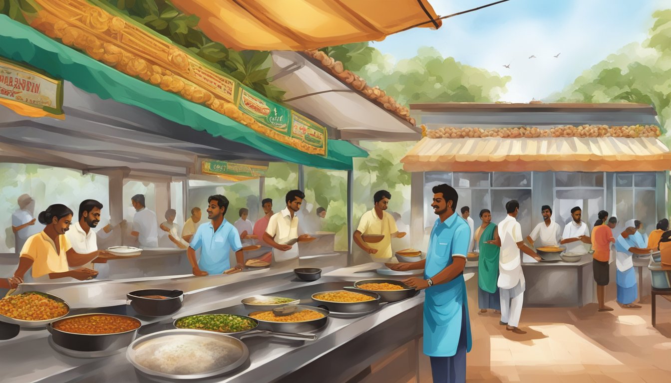 The bustling Palaniyappa restaurant, filled with aromatic spices and sizzling pans, as diners chat and savor traditional South Indian cuisine