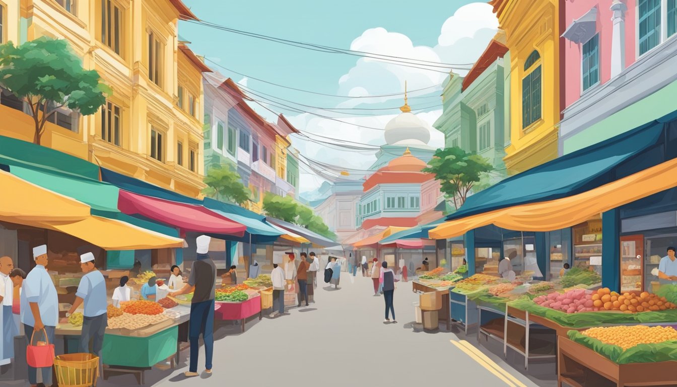Vibrant street scene with colorful shophouses, bustling markets, and aromatic food stalls, showcasing the diverse culinary offerings of Singapore's Muslim neighborhoods