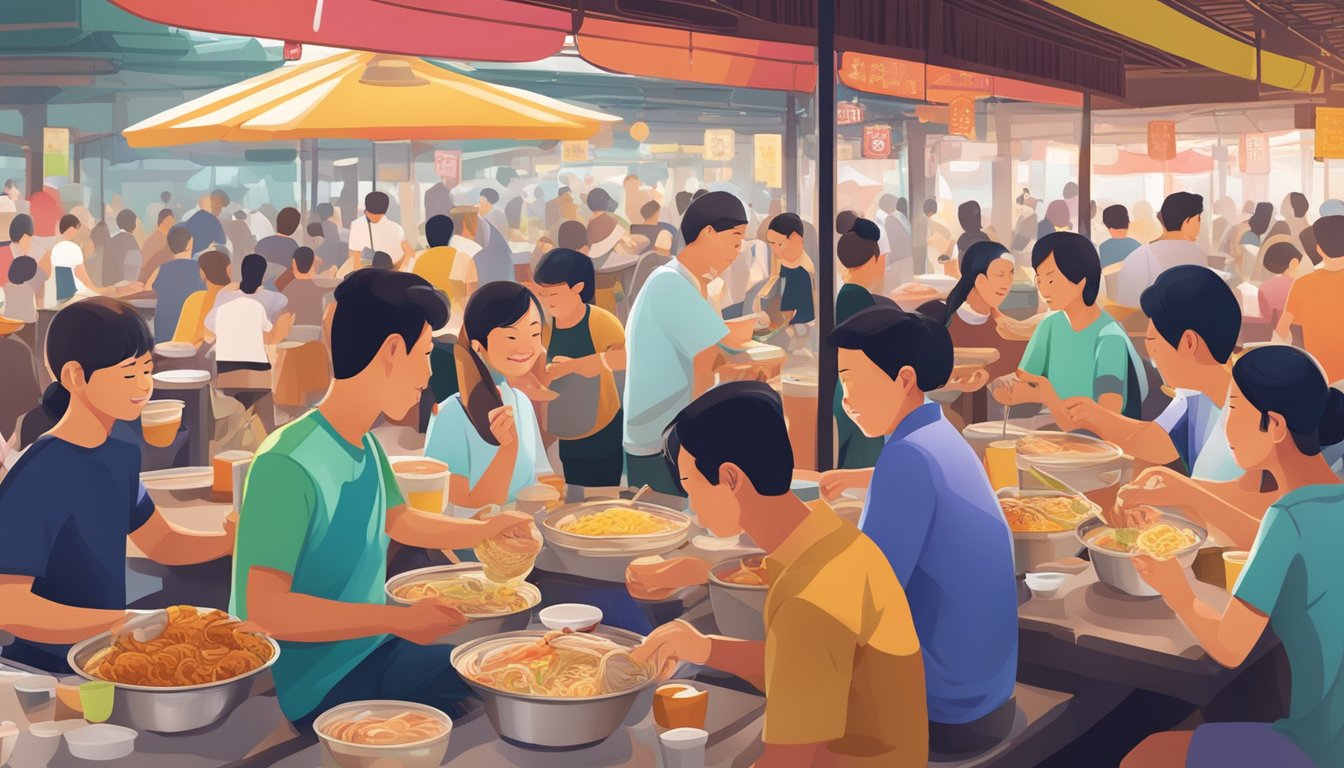 People enjoying traditional mee sua at a bustling hawker center, surrounded by colorful stalls and lively conversations