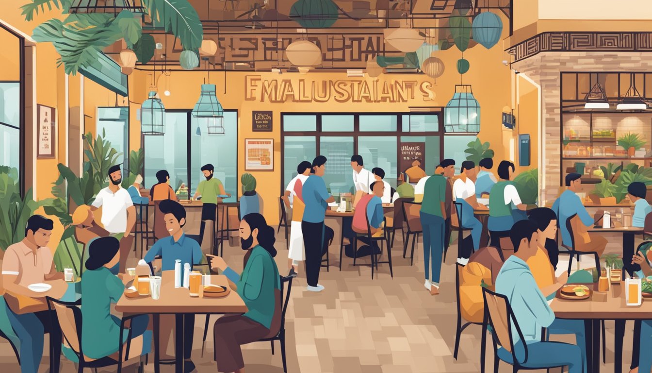 A bustling restaurant in Singapore, with a sign reading "Frequently Asked Questions Muslim Restaurant" in bold letters. Diners enjoy diverse halal dishes