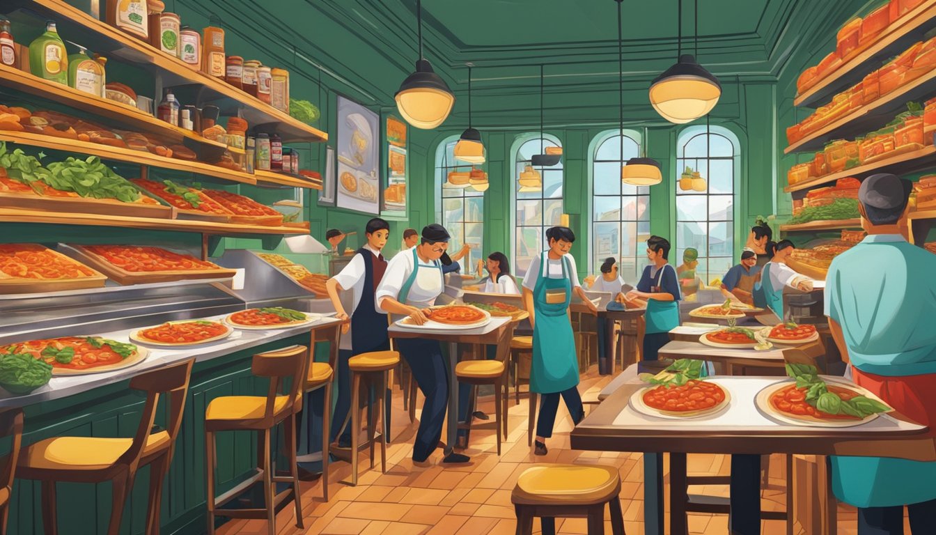 A bustling Italian restaurant in Singapore, filled with the aroma of freshly baked pizzas and simmering pasta sauces. Vibrant colors of tomatoes, basil, and olive oil adorn the shelves, while the sound of clinking glasses and laughter fills the air
