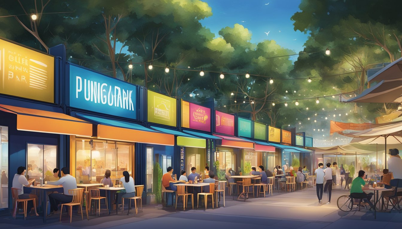 Colorful restaurants line the Punggol Container Park, with outdoor seating and vibrant signage