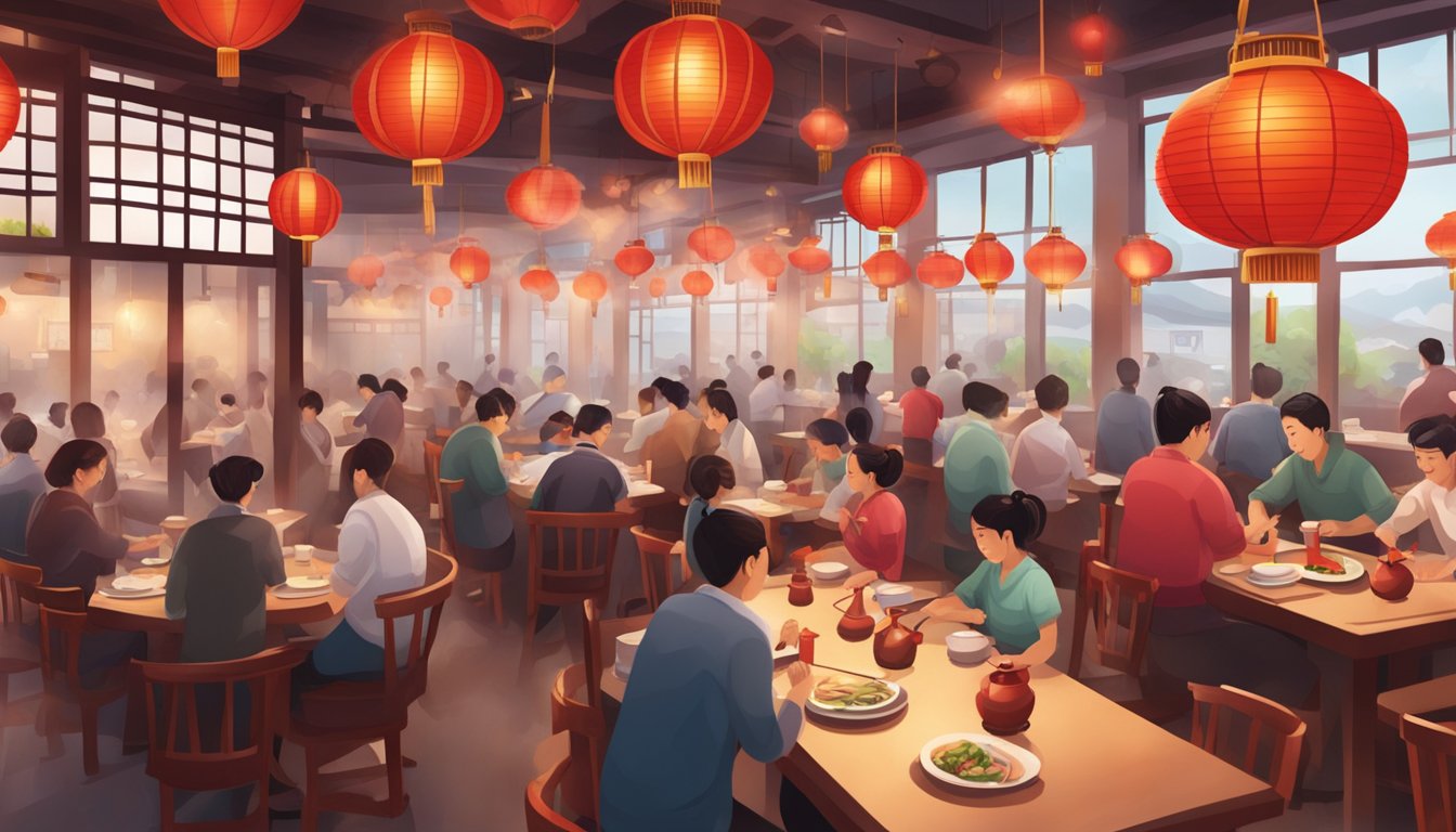 A bustling restaurant with red lanterns, round tables, and steaming dishes. The aroma of sizzling woks fills the air