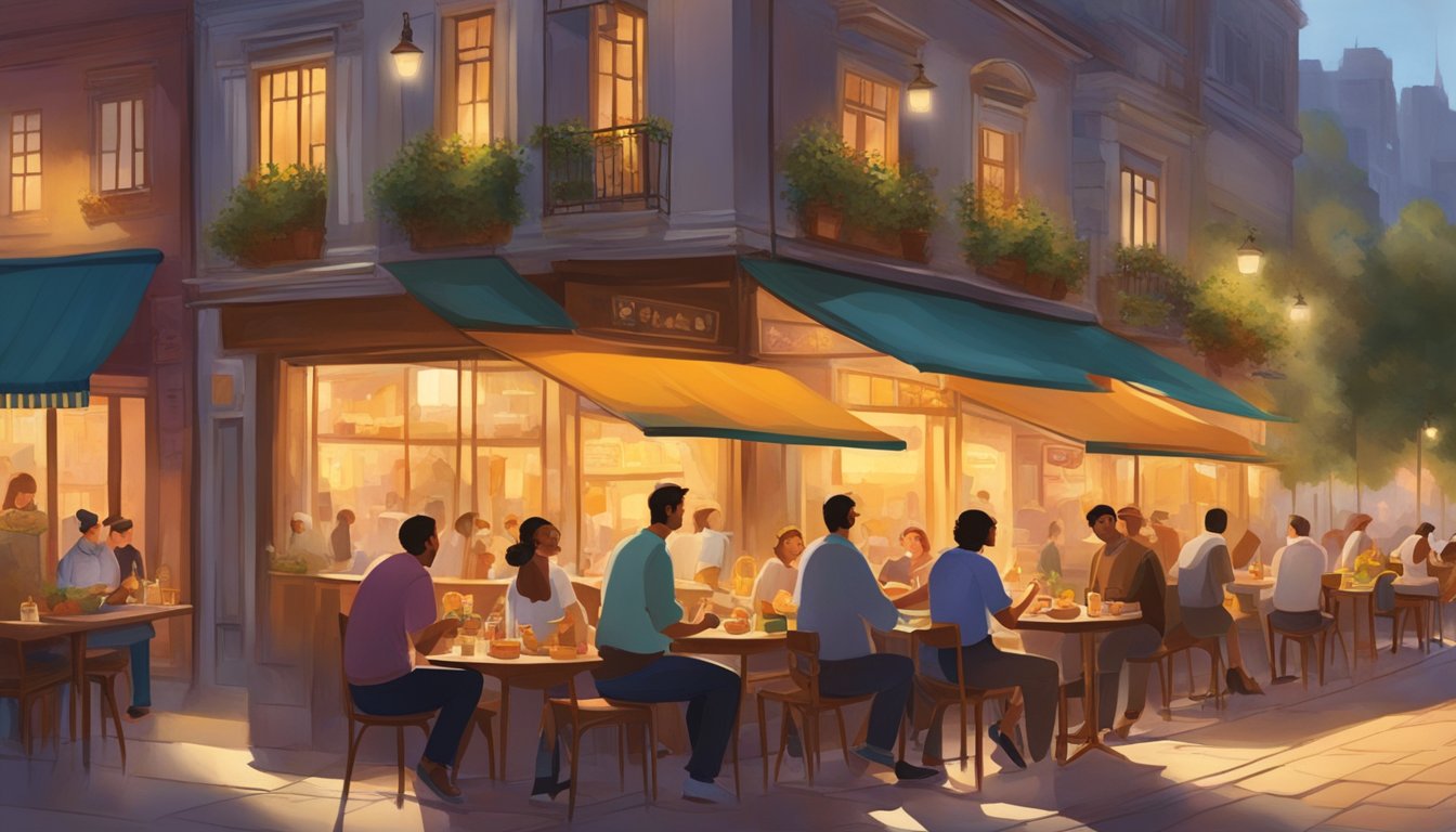 A bustling street lined with charming eateries, each emitting mouthwatering aromas. Patrons chat and laugh while savoring their meals in the warm glow of the setting sun
