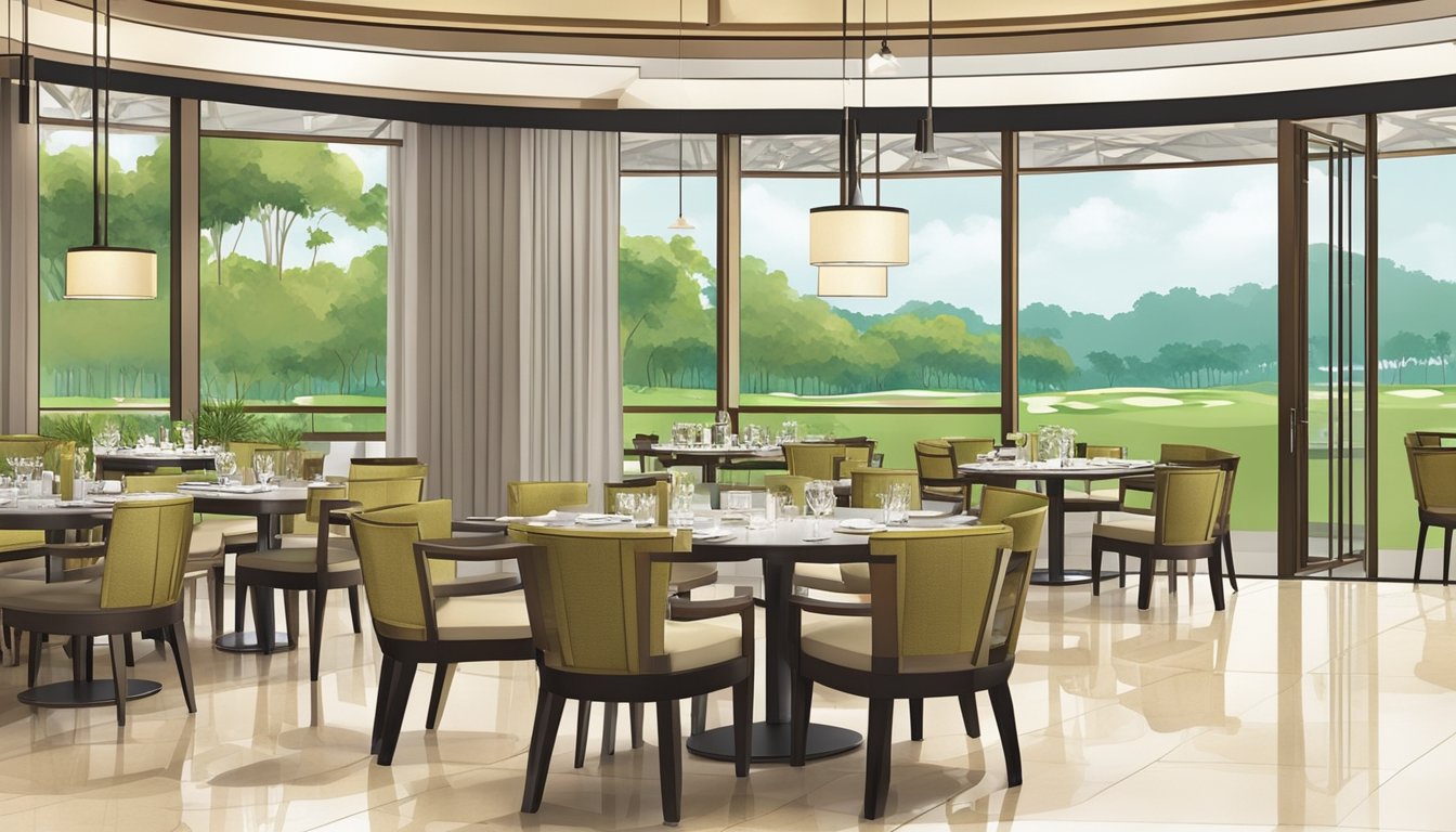 The Sentosa Golf Club restaurant bustles with diners enjoying a panoramic view of the lush green golf course. The elegant interior features modern decor and large windows that flood the space with natural light