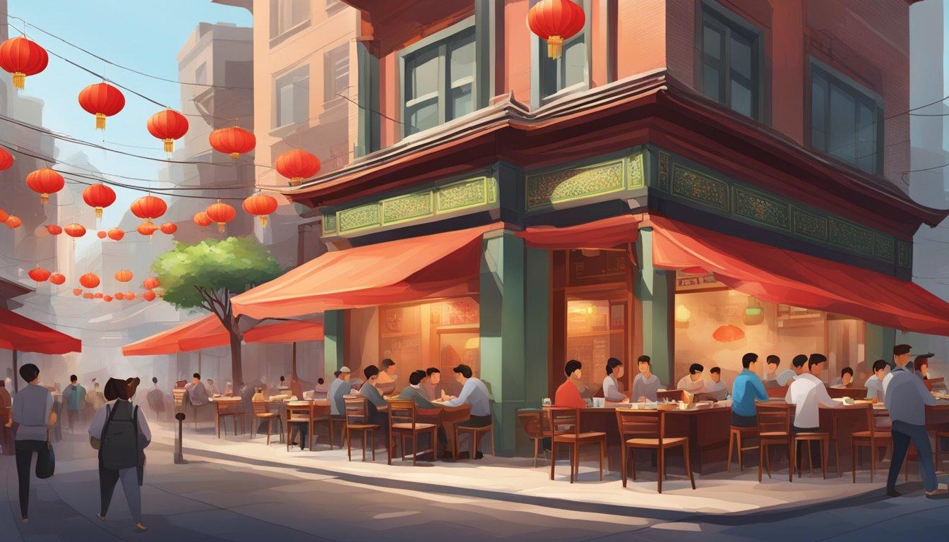 A bustling Chinese restaurant with red lanterns, round tables, and steaming dishes on a busy street corner